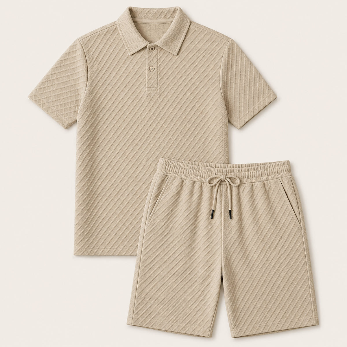 Men's Polo Shirt and Shorts Set Short Sleeve with Textured Pattern