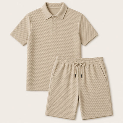 Men's Polo Shirt and Shorts Set Short Sleeve with Textured Pattern
