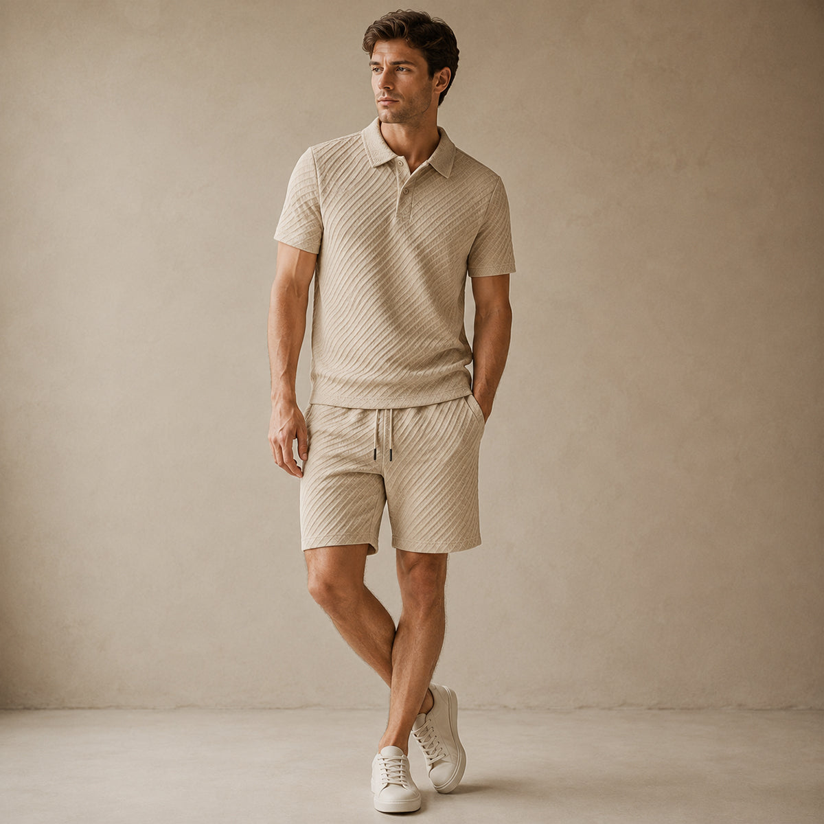 Men's Polo Shirt and Shorts Set Short Sleeve with Textured Pattern