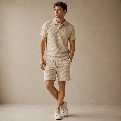 Men's Polo Shirt and Shorts Set Short Sleeve with Textured Pattern