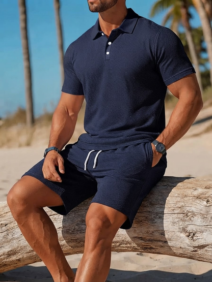 Men's Polo Shirt and Shorts Set with Short Sleeves and Collar