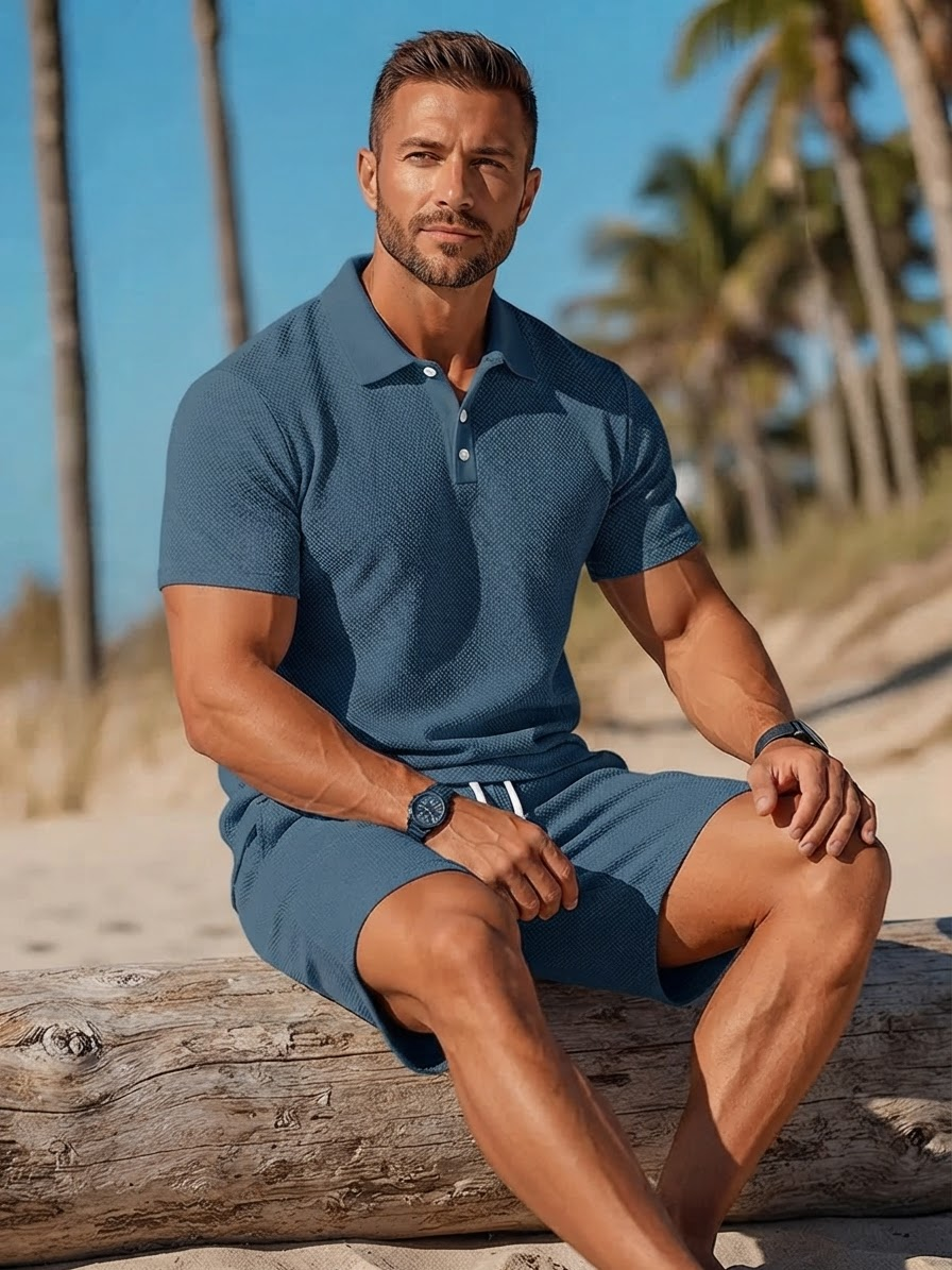 Men's Polo Shirt and Shorts Set with Short Sleeves and Collar