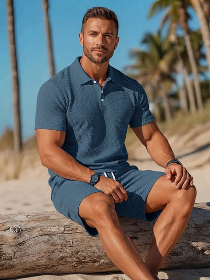 Men's Polo Shirt and Shorts Set with Short Sleeves and Collar