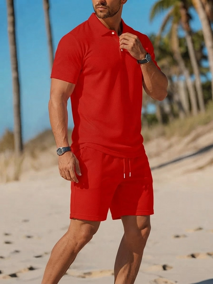Men's Polo Shirt and Shorts Set with Short Sleeves and Collar