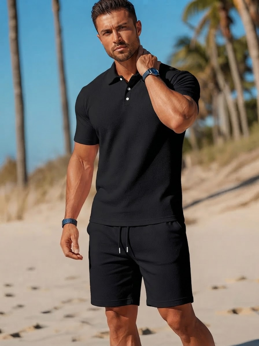 Men's Polo Shirt and Shorts Set with Short Sleeves and Collar