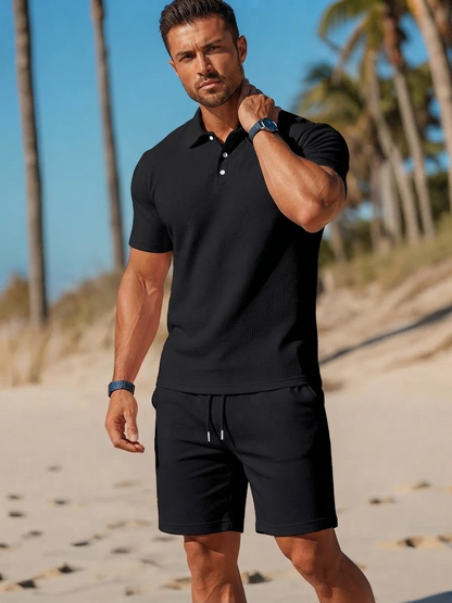 Men's Polo Shirt and Shorts Set with Short Sleeves and Collar