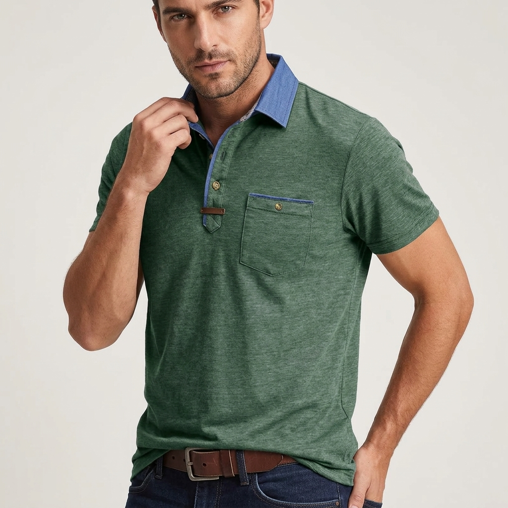 Men's Polo Shirt Short Sleeve with Contrast Collar and Chest Pocket