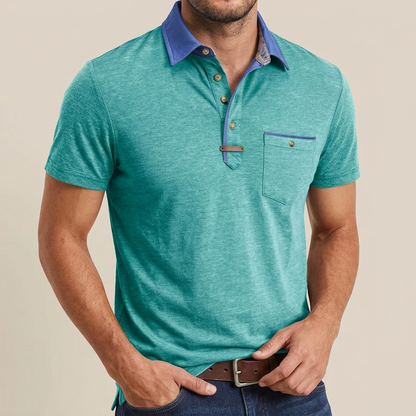 Men's Polo Shirt Short Sleeve with Contrast Collar and Chest Pocket
