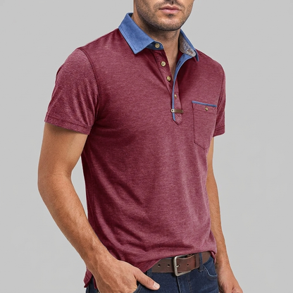 Men's Polo Shirt Short Sleeve with Contrast Collar and Chest Pocket