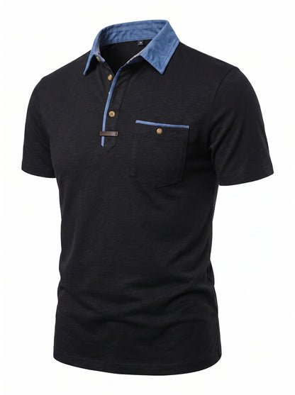Men's Polo Shirt Short Sleeve with Contrast Collar and Chest Pocket