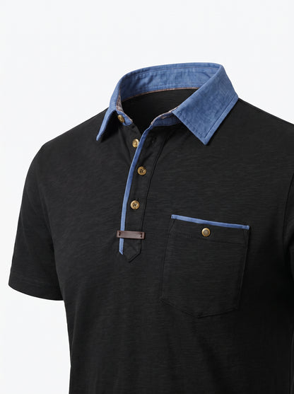 Men's Polo Shirt Short Sleeve with Contrast Collar and Chest Pocket