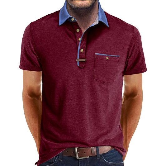 Men's Polo Shirt Short Sleeve with Contrast Collar and Chest Pocket