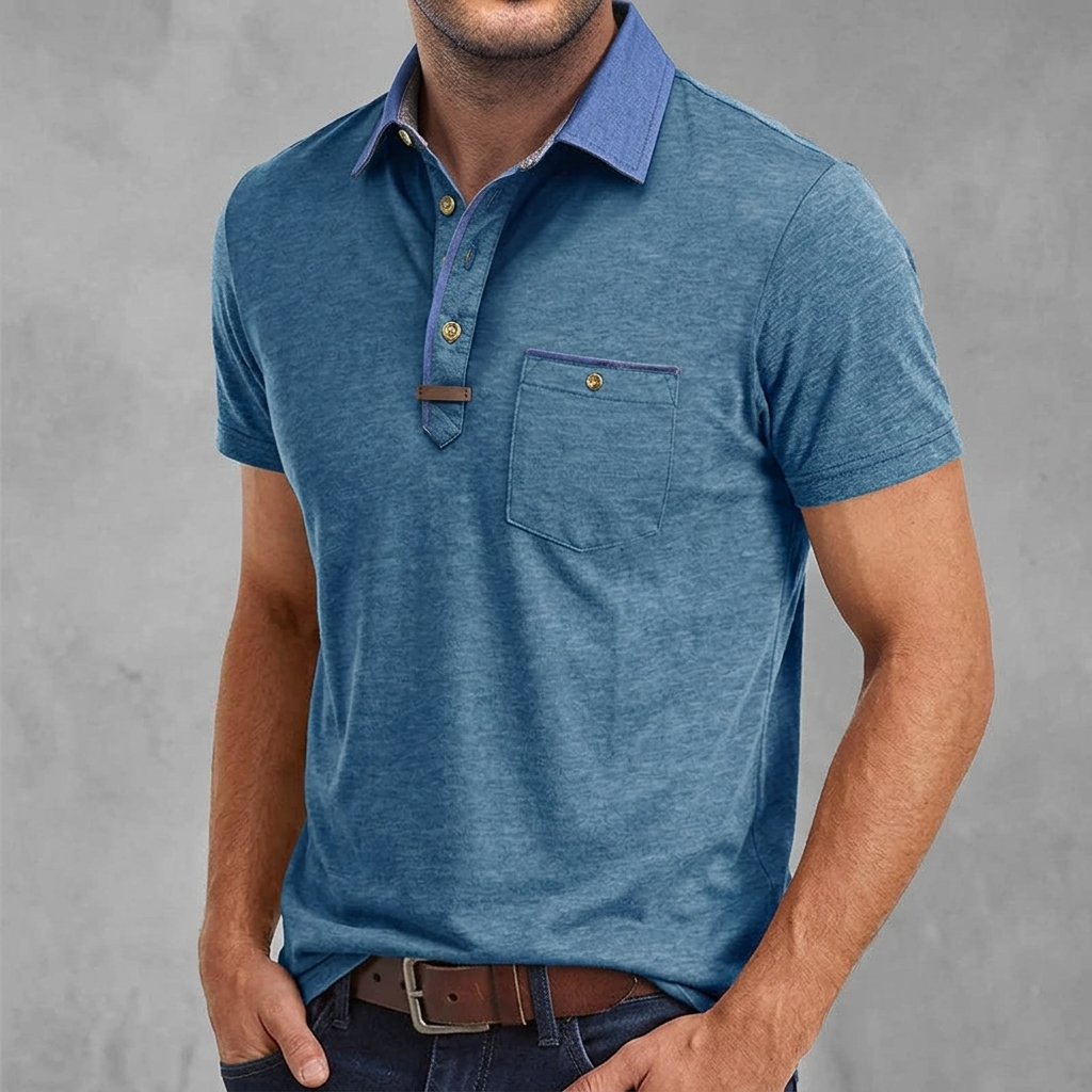 Men's Polo Shirt Short Sleeve with Contrast Collar and Chest Pocket