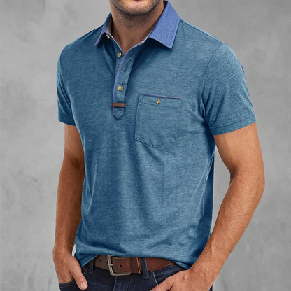Men's Polo Shirt Short Sleeve with Contrast Collar and Chest Pocket