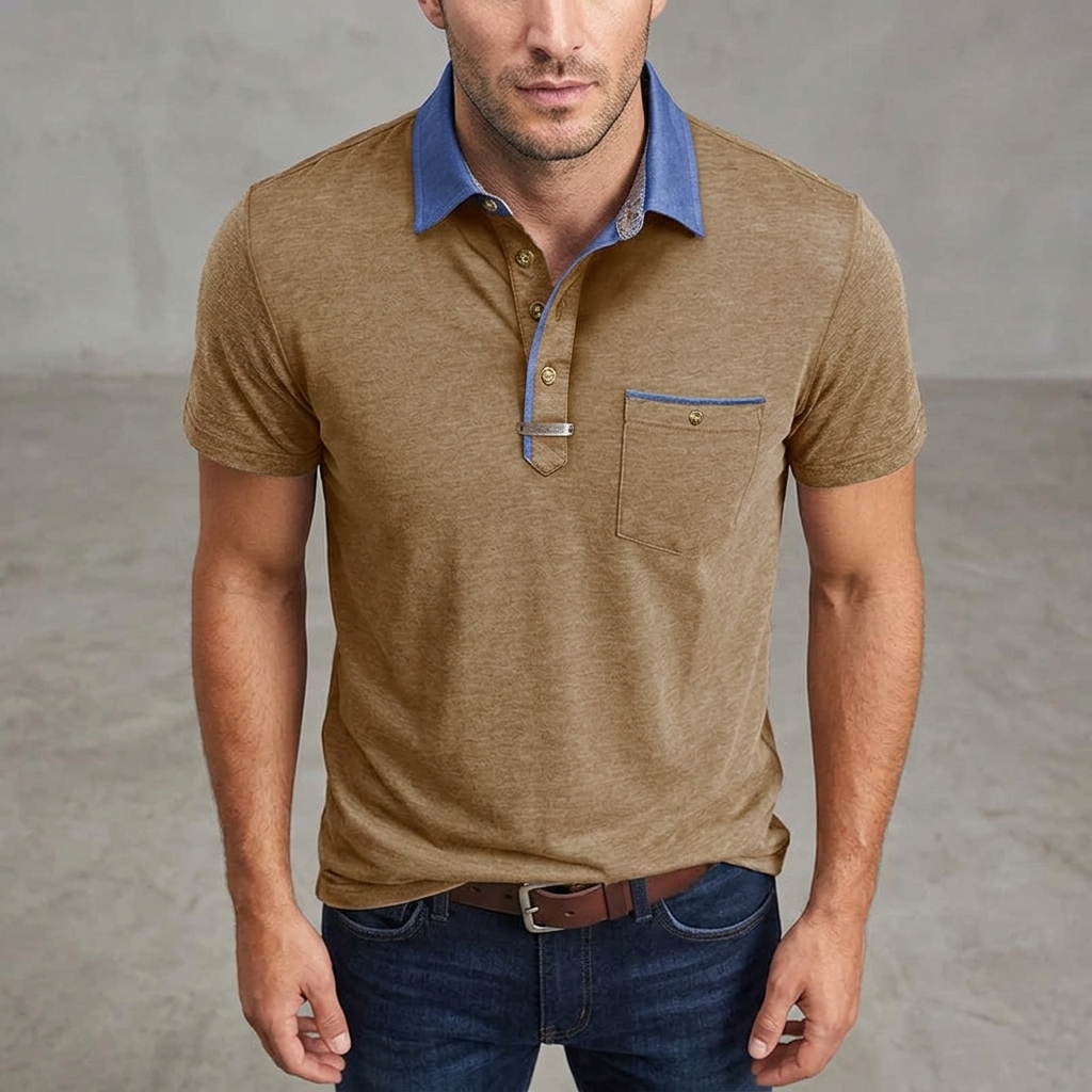 Men's Polo Shirt Short Sleeve with Contrast Collar and Chest Pocket