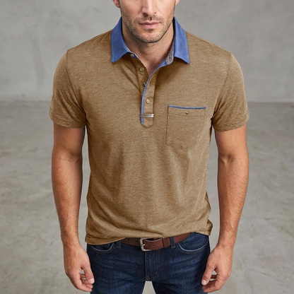 Men's Polo Shirt Short Sleeve with Contrast Collar and Chest Pocket