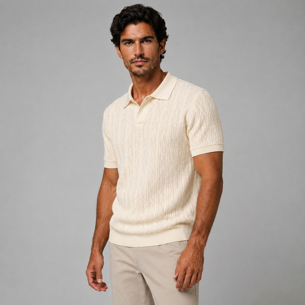 Men's Polo Shirt Short Sleeve with Diamond Textured Pattern