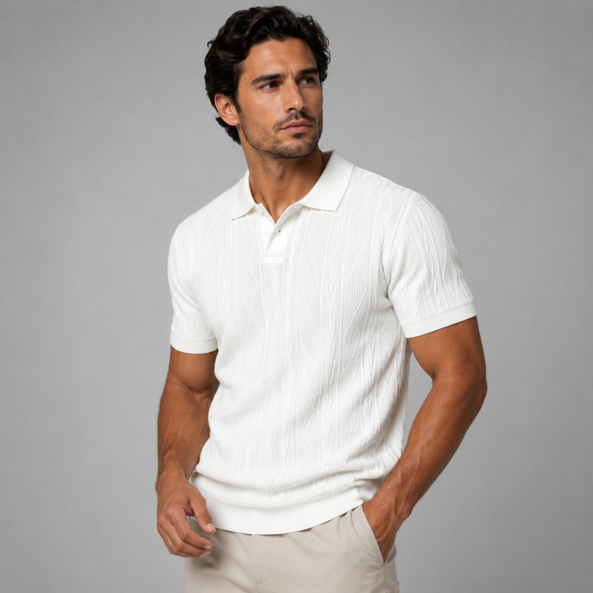 Men's Polo Shirt Short Sleeve with Diamond Textured Pattern
