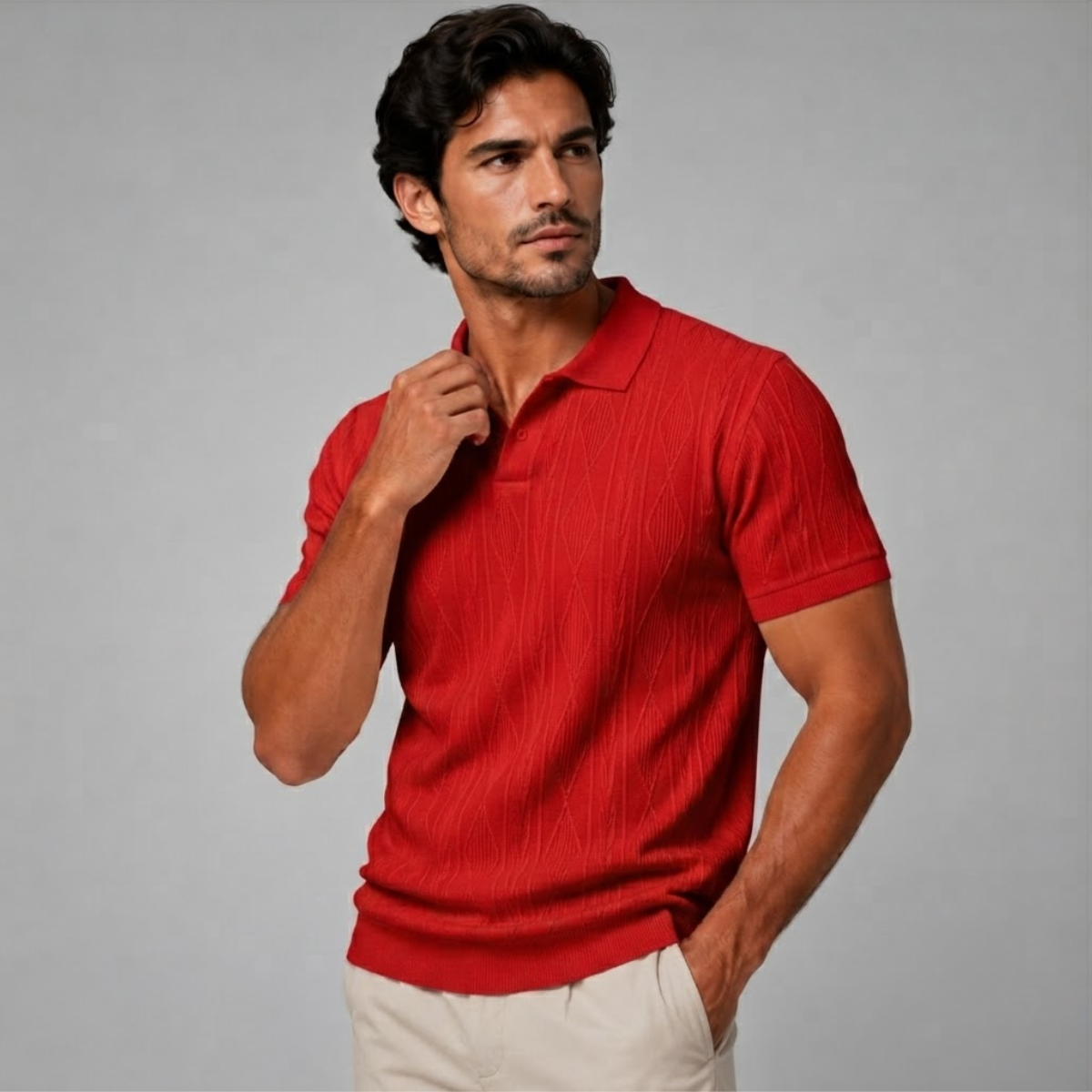 Men's Polo Shirt Short Sleeve with Diamond Textured Pattern