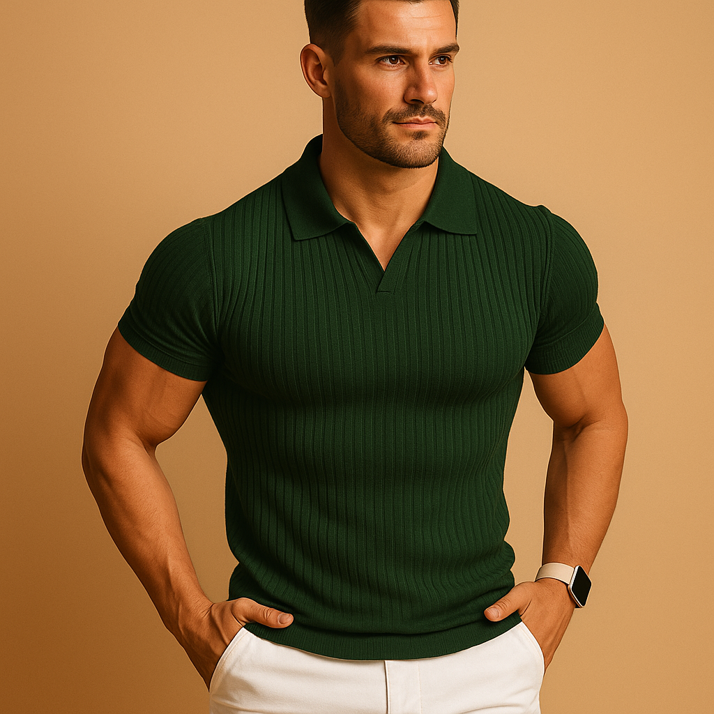 Men's Slim Fit Polo Shirt Short Sleeve with Open V-Neck and Ribbed Texture