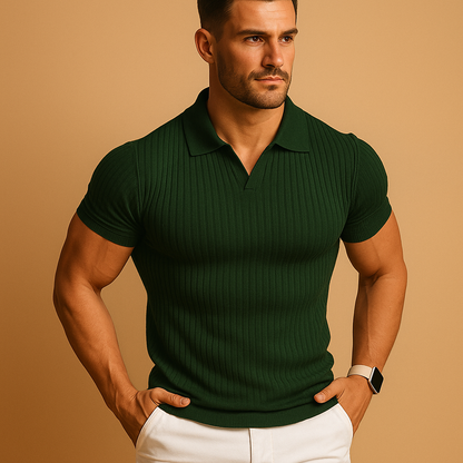 Men's Slim Fit Polo Shirt Short Sleeve with Open V-Neck and Ribbed Texture