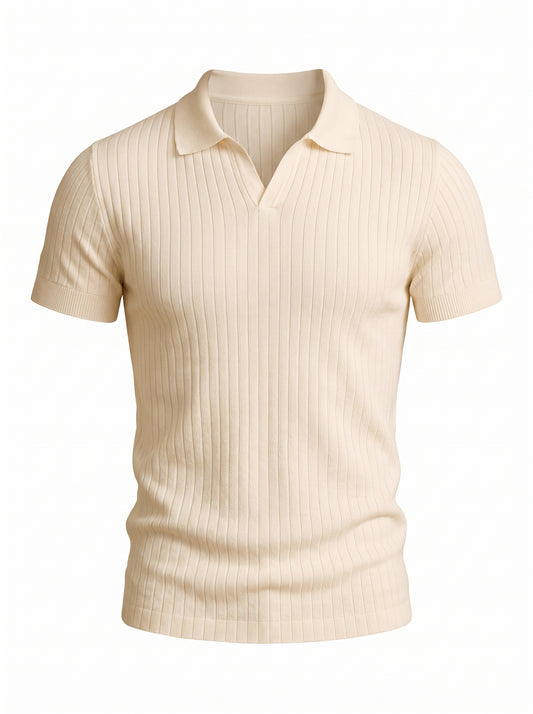 Men's Slim Fit Polo Shirt Short Sleeve with Open V-Neck and Ribbed Texture