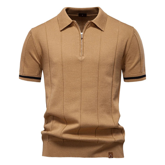 Men's Polo Shirt Short Sleeve with Zip and Vertical Rib Detail