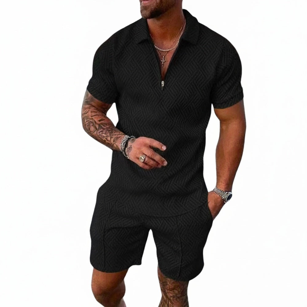 Men's Polo Short Set with Zip Collar and Geometric Texture