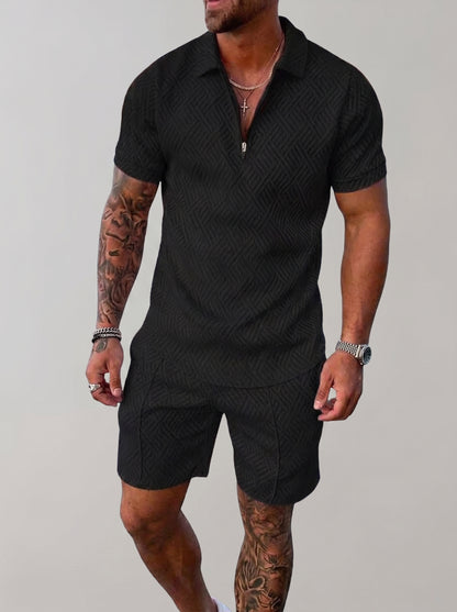 Men's Polo Short Set with Zip Collar and Geometric Texture