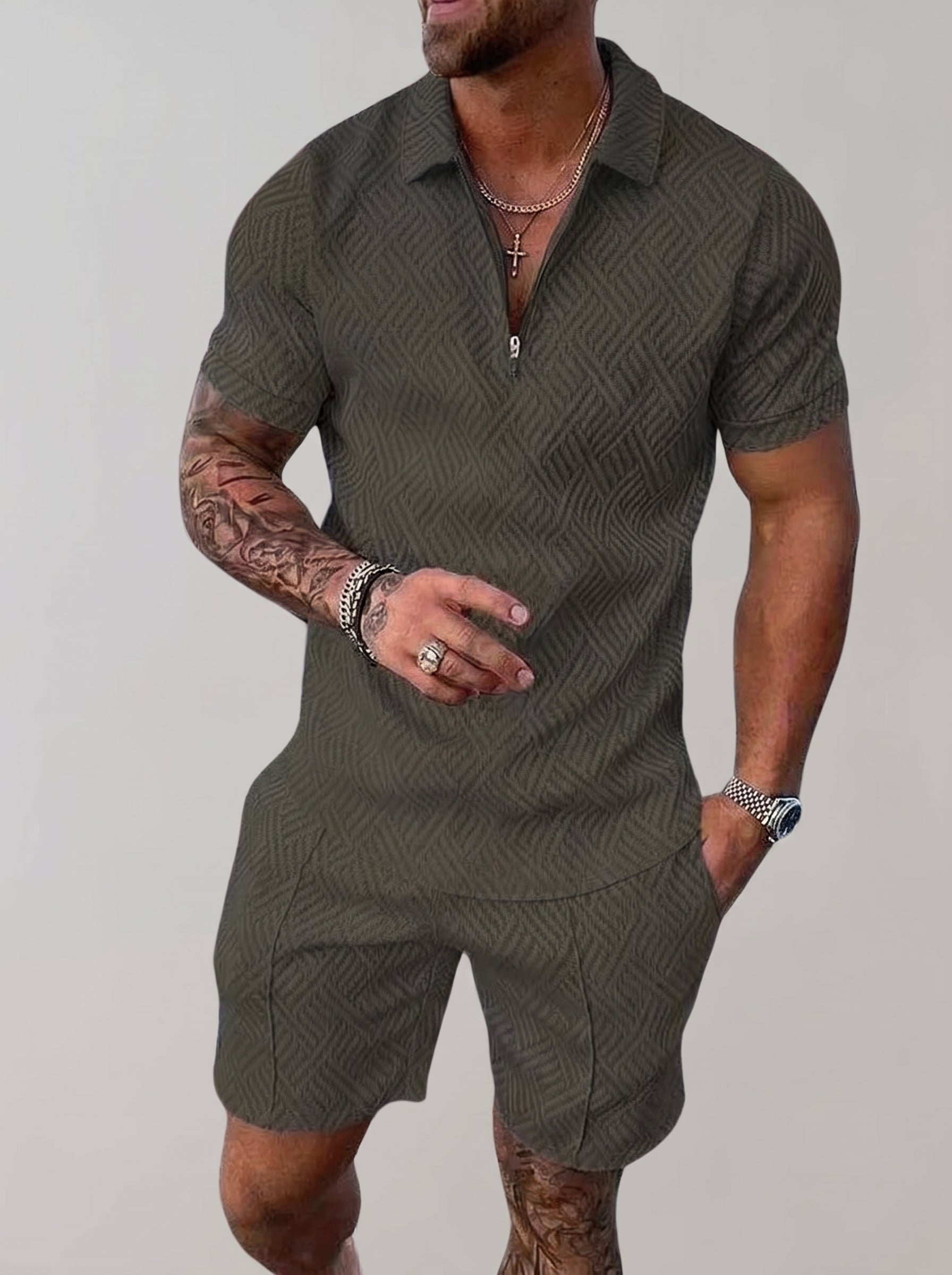Men's Polo Short Set with Zip Collar and Geometric Texture