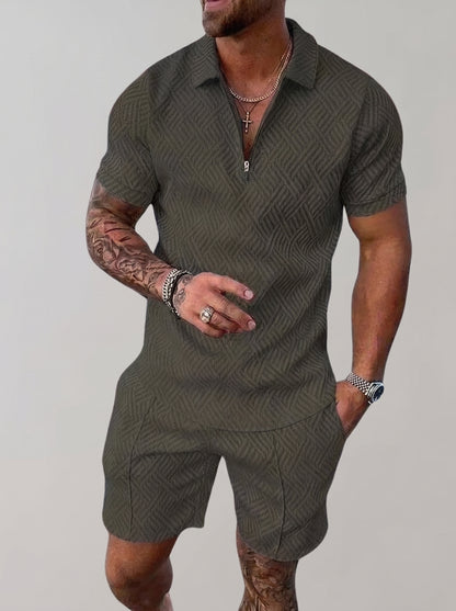Men's Polo Short Set with Zip Collar and Geometric Texture