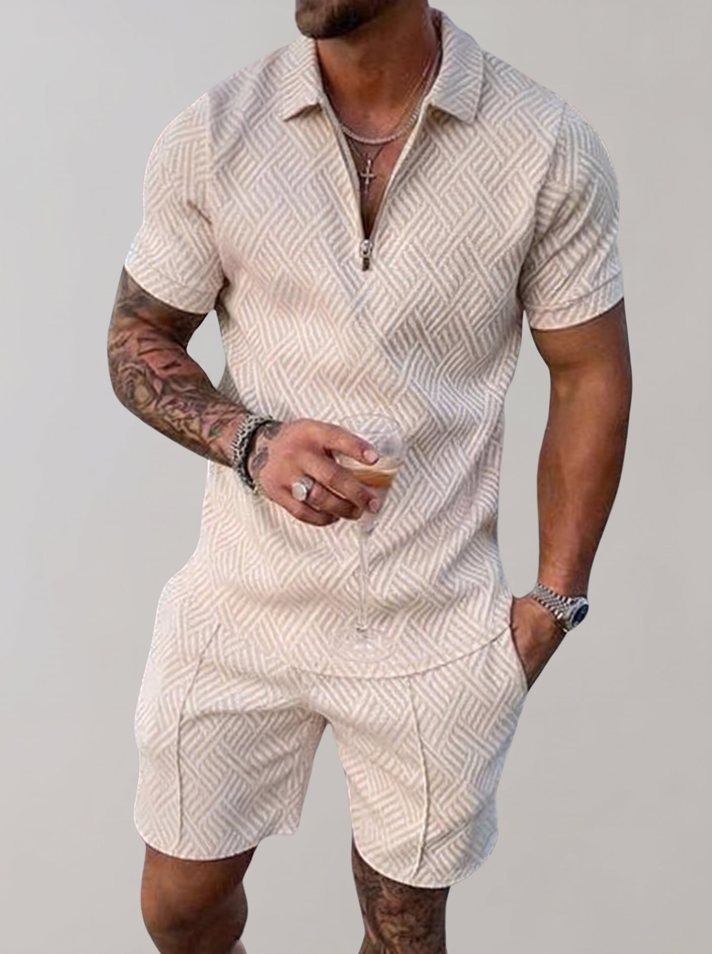 Men's Polo Short Set with Zip Collar and Geometric Texture