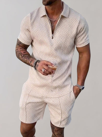Men's Polo Short Set with Zip Collar and Geometric Texture