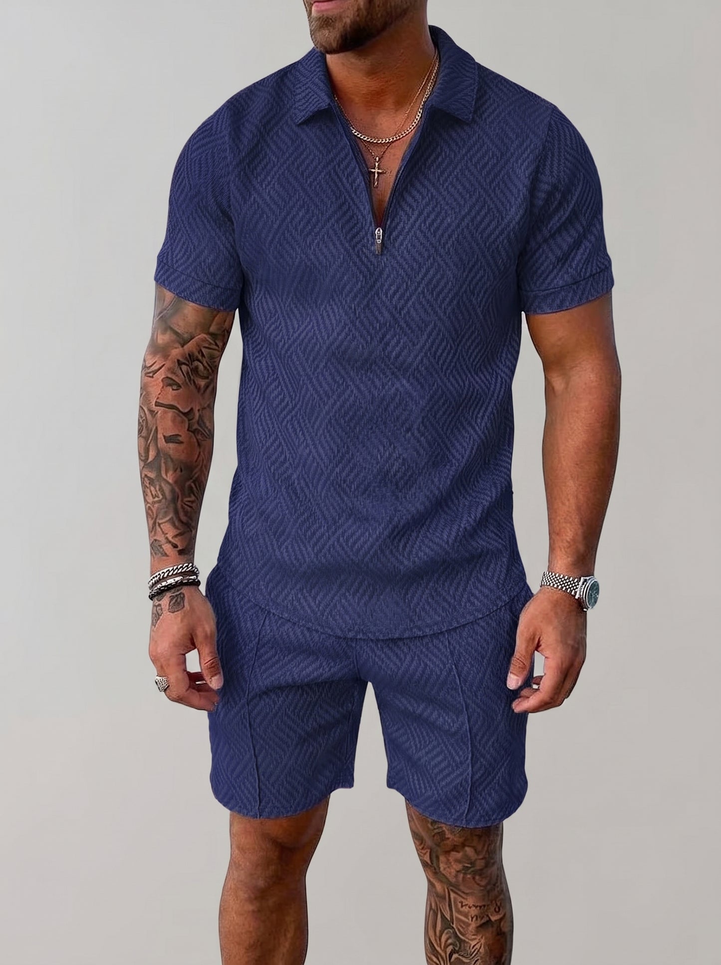 Men's Polo Short Set with Zip Collar and Geometric Texture