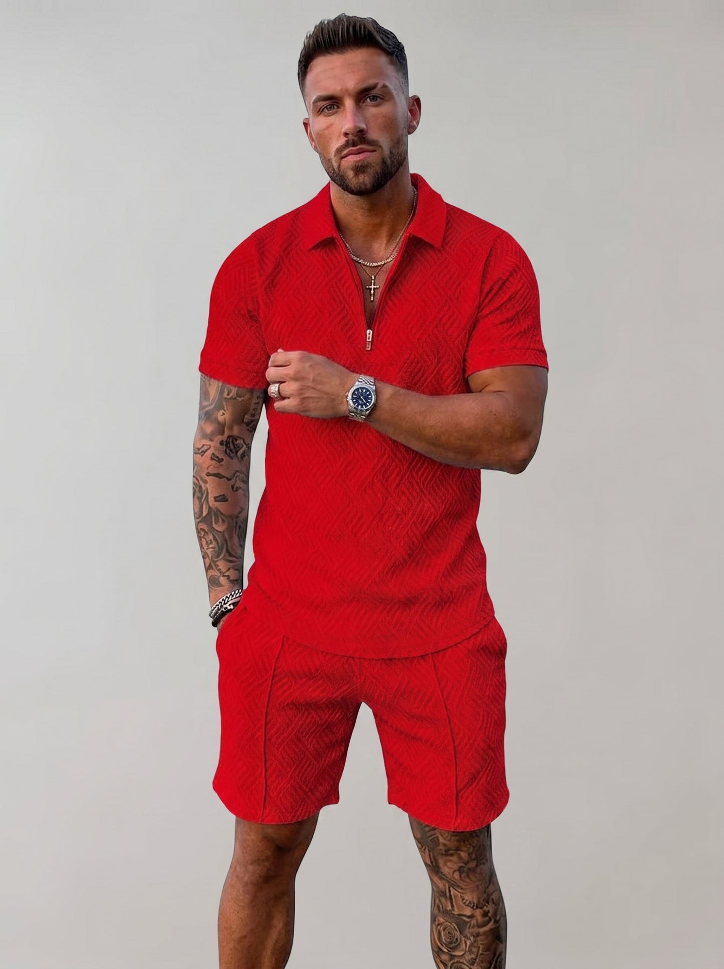 Men's Polo Short Set with Zip Collar and Geometric Texture