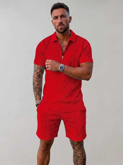 Men's Polo Short Set with Zip Collar and Geometric Texture