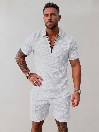 Men's Polo Short Set with Zip Collar and Geometric Texture