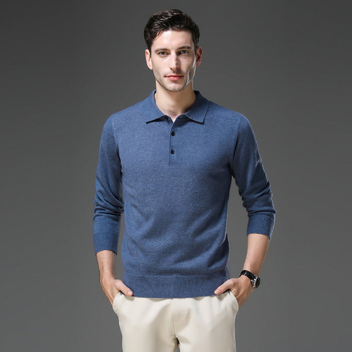 Men's Polo Sweater with Knit Collar and Button Placket