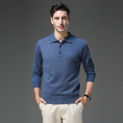 Men's Polo Sweater with Knit Collar and Button Placket