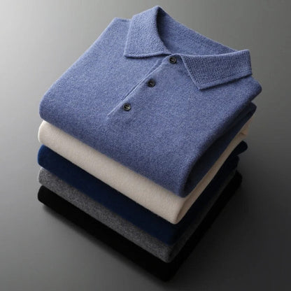 Men's Polo Sweater with Knit Collar and Button Placket