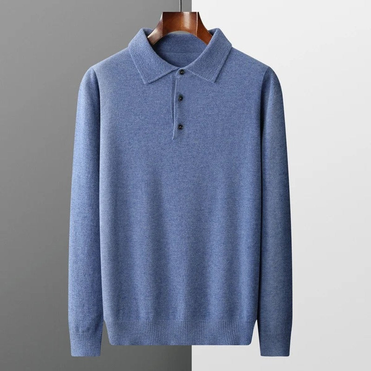 Men's Polo Sweater with Knit Collar and Button Placket