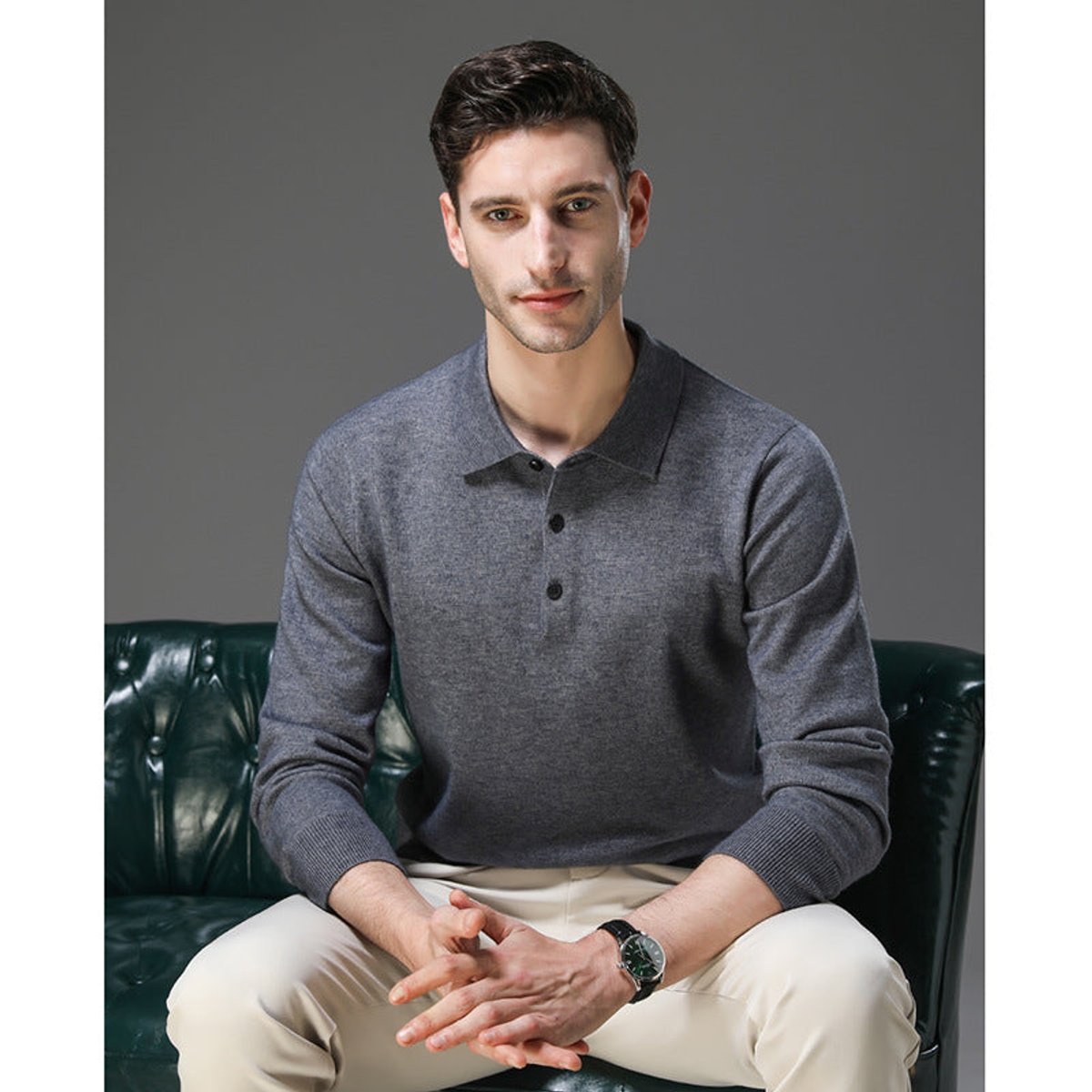 Men's Polo Sweater with Knit Collar and Button Placket