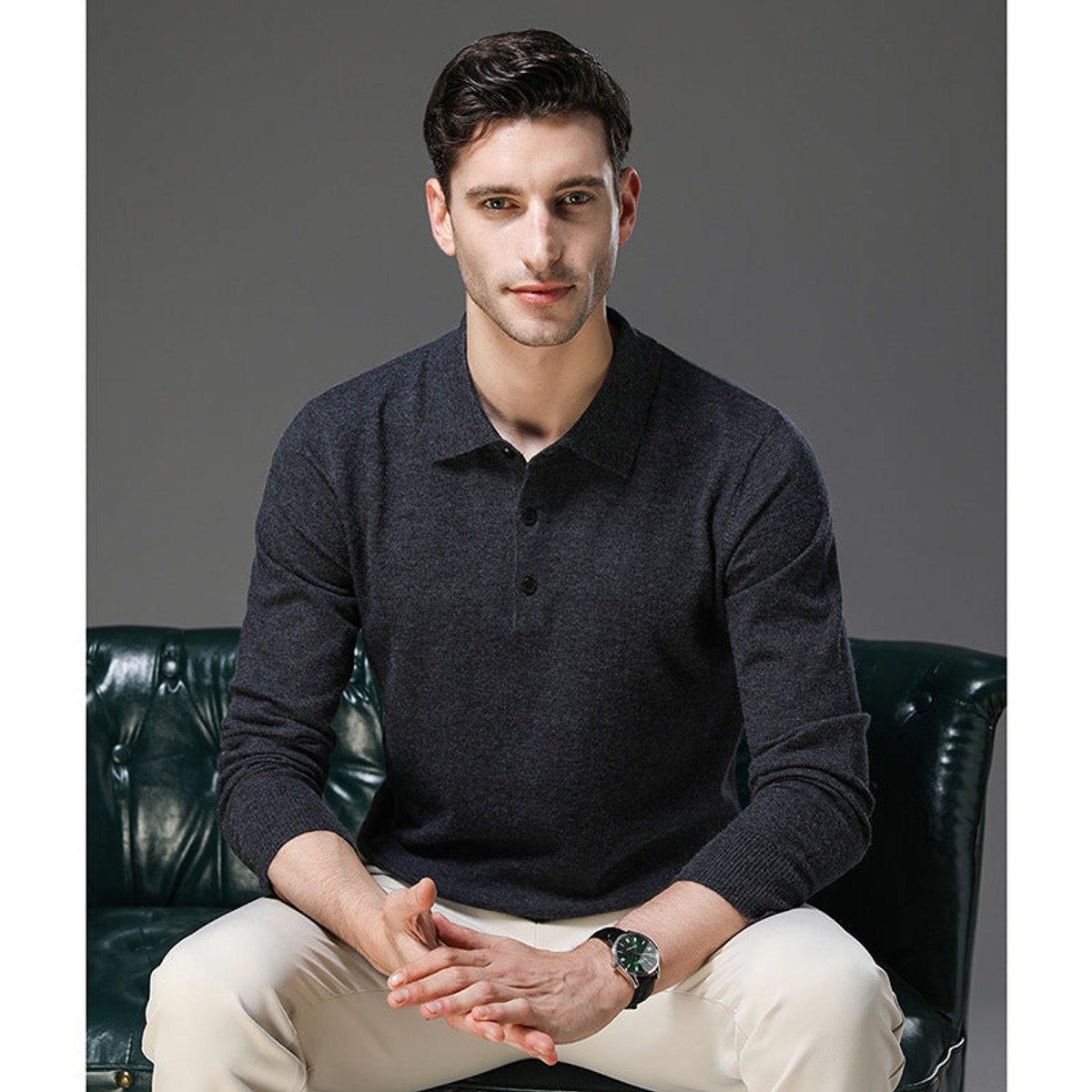 Men's Polo Sweater with Knit Collar and Button Placket