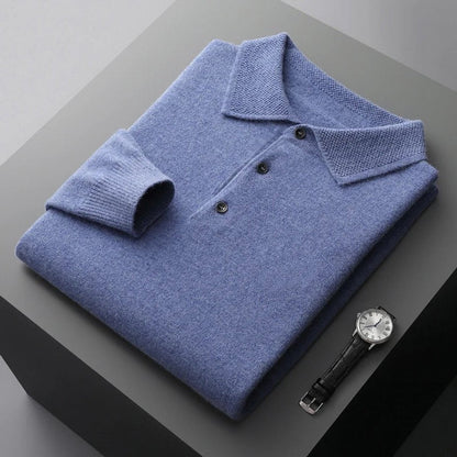 Men's Polo Sweater with Knit Collar and Button Placket