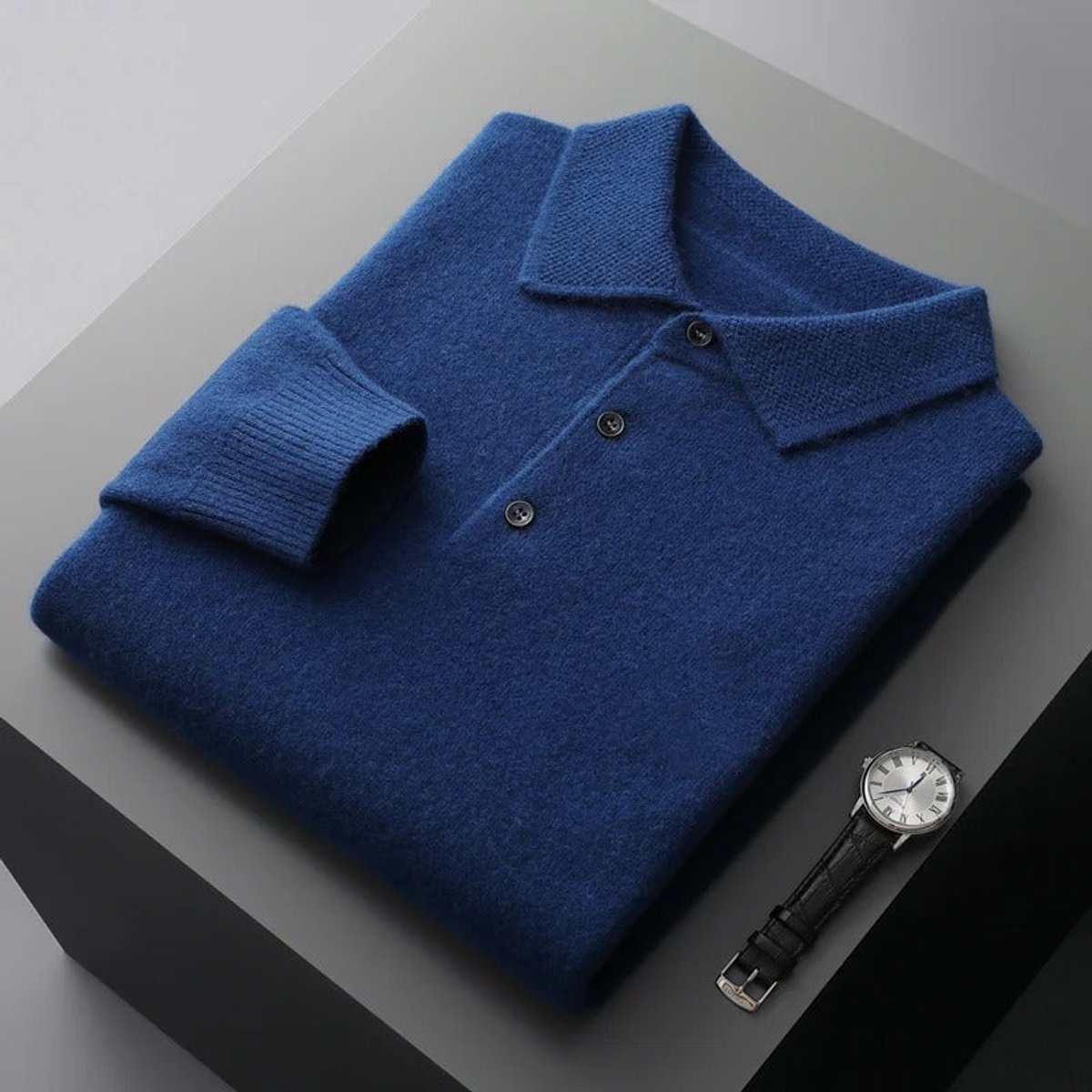 Men's Polo Sweater with Knit Collar and Button Placket
