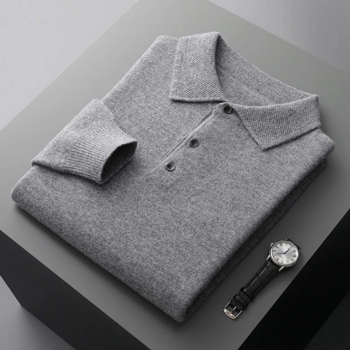 Men's Polo Sweater with Knit Collar and Button Placket