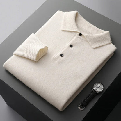 Men's Polo Sweater with Knit Collar and Button Placket