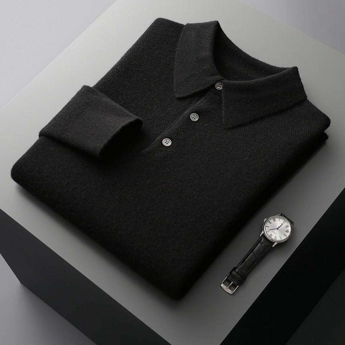 Men's Polo Sweater with Knit Collar and Button Placket