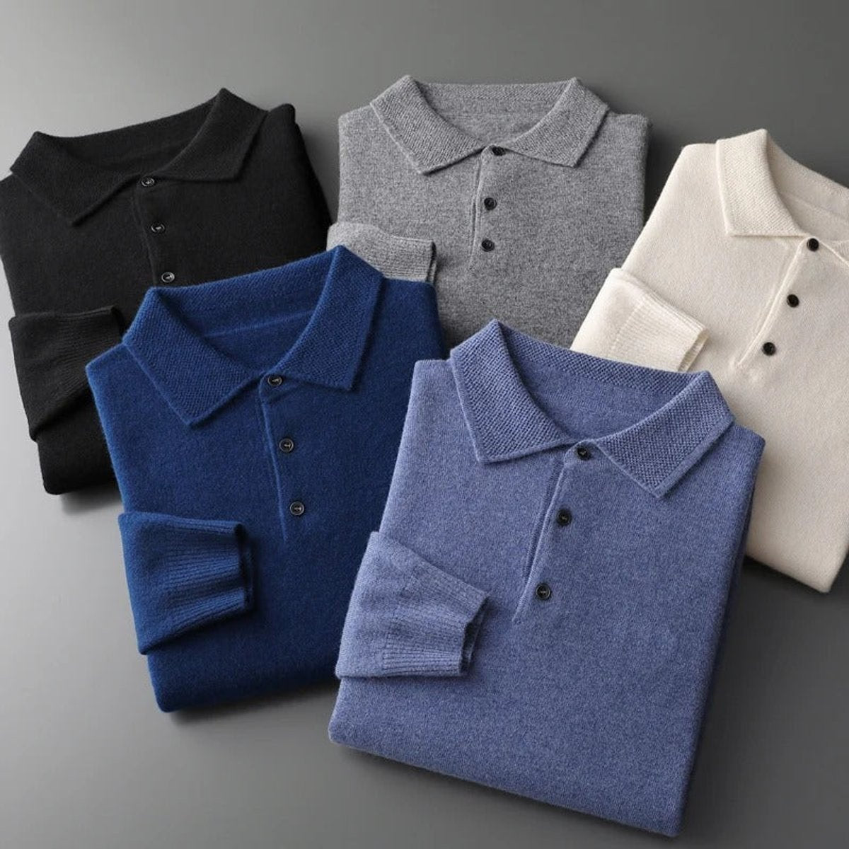 Men's Polo Sweater with Knit Collar and Button Placket