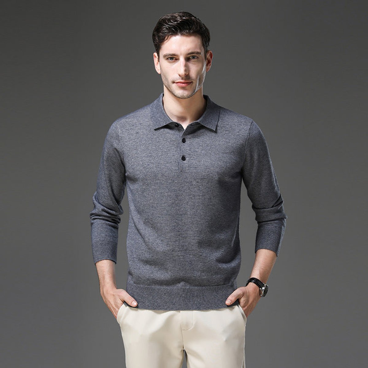 Men's Polo Sweater with Knit Collar and Button Placket
